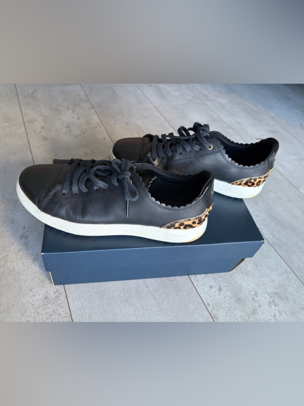 Cole Haan Black Leather Sneakers with Leopard Heel Accent